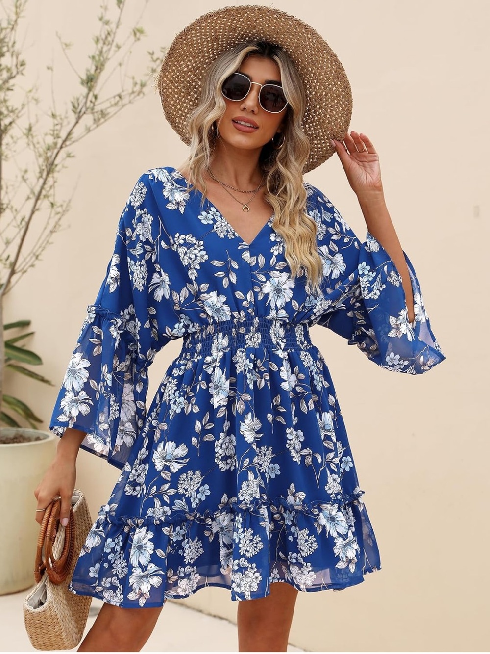 Blue Floral V-Neck Mini Dress